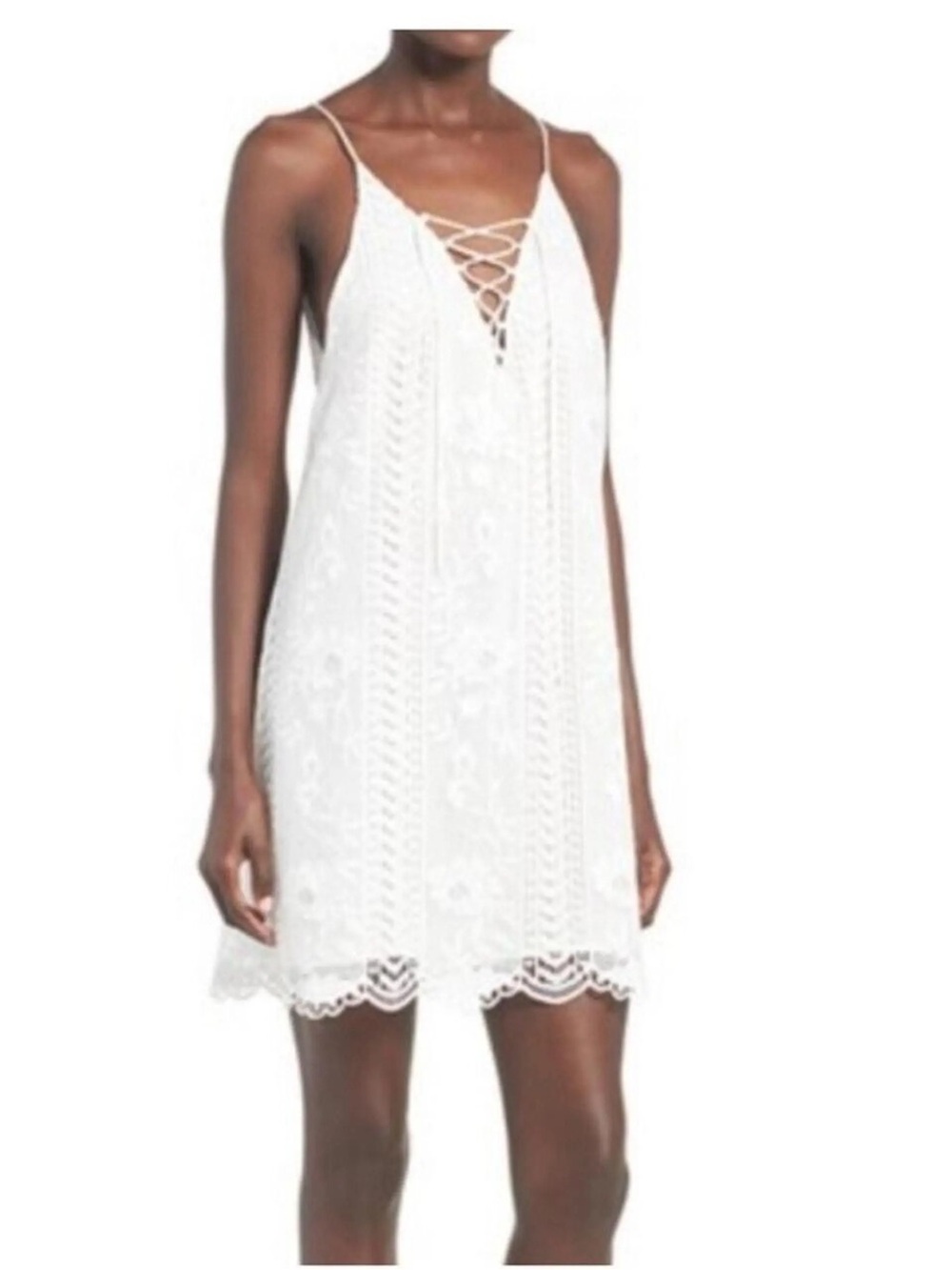 ASTR the Label S White Lace Spaghetti Strap Dress with V-Neck Lacing